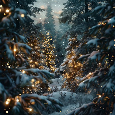 Winter forest with snow covered trees and fairy lights. Christmas background.の素材