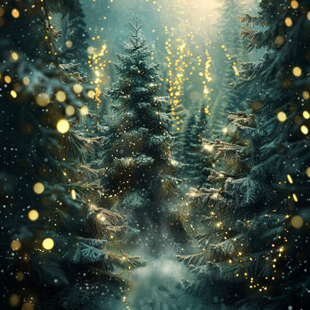 Magic winter forest with snow covered trees. Christmas background. 3d renderingの素材