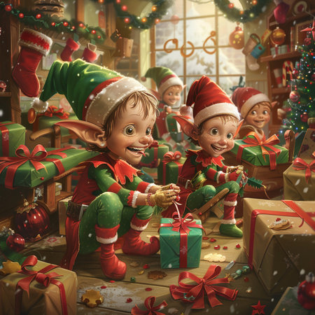 Santa Claus and elves decorate the Christmas tree with gifts. Holiday concept.の素材