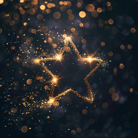 Abstract golden star on bokeh background. Christmas and New Year conceptの素材