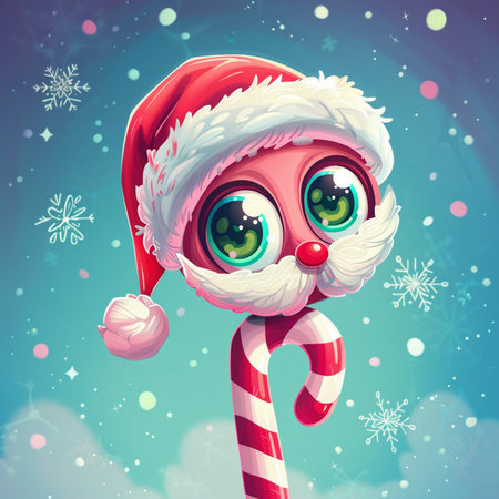 Cute cartoon santa claus face with candy cane, vector illustrationの素材