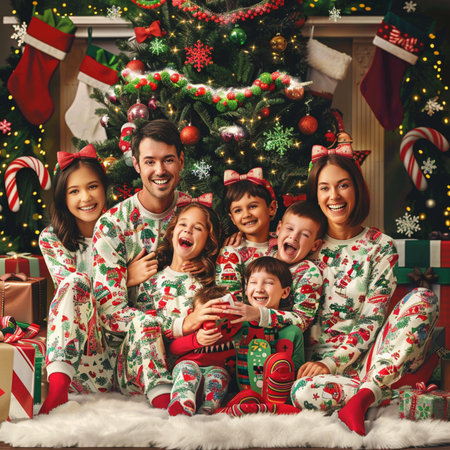 Happy family in pajamas near the Christmas tree. New Year and Christmas concept.の素材