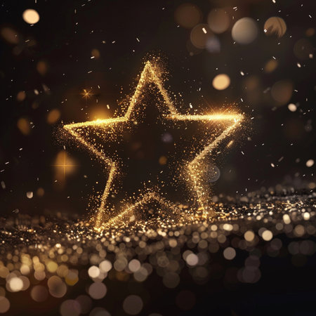 Abstract golden star on black background with bokeh. Christmas and New Year concept. 3D Renderingの素材