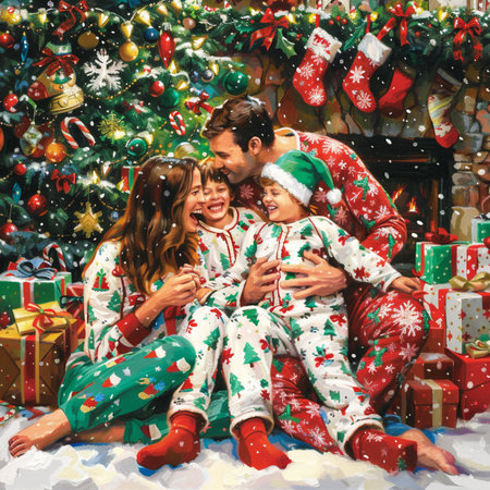 Happy family in pajamas sitting near christmas tree with presents.の素材