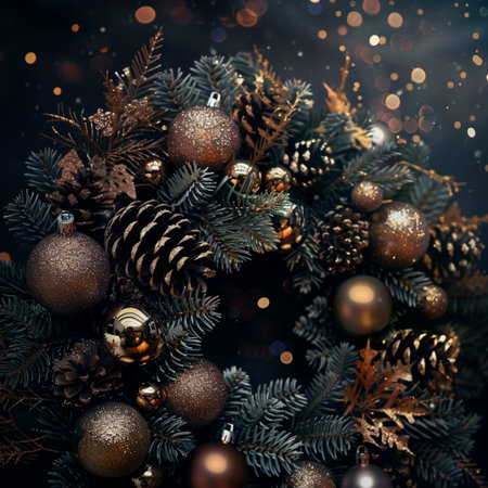 Christmas tree decoration with golden and silver balls and pine cones on black backgroundの素材