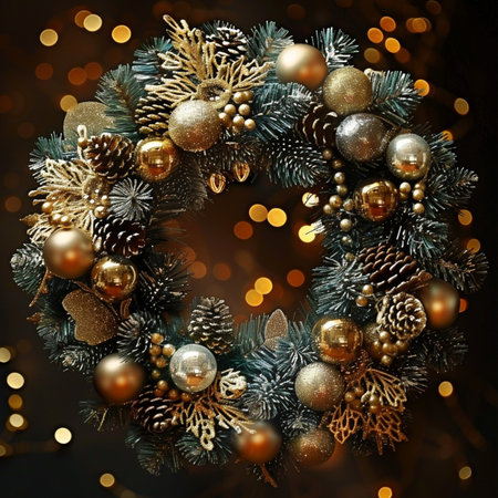 Christmas wreath with golden and silver balls on a dark background.の素材