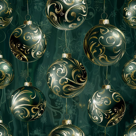 Seamless pattern with Christmas balls on a dark green background.の素材