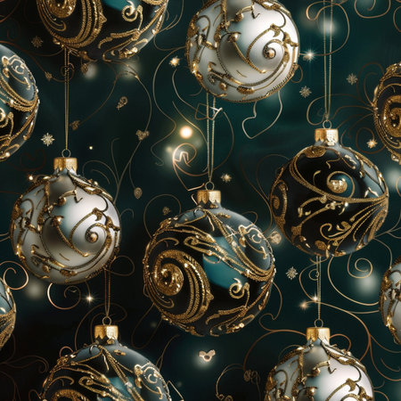 Seamless pattern with Christmas balls in gold and black colors.の素材