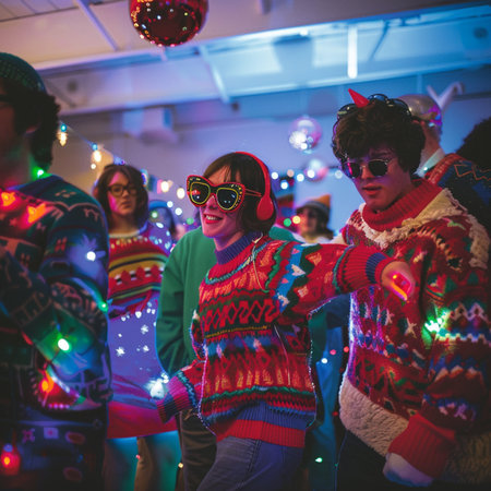 Group of friends having fun and dancing on Christmas Eve in a nightclubの素材