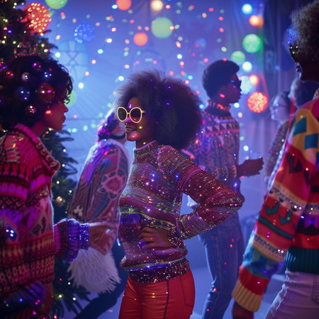 Group of african american women dancing in front of christmas lightsの素材
