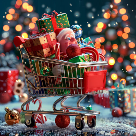 Christmas shopping trolley with gifts and Santa Claus on Christmas background.の素材