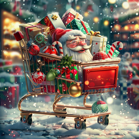 Santa Claus with shopping cart full of christmas gifts. Christmas shopping.の素材