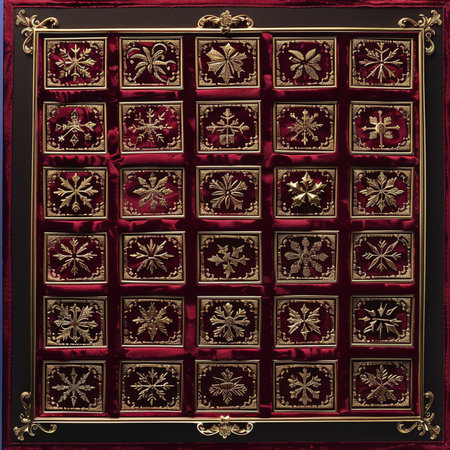 Background with gold ornament on a red background. 3d illustration.の素材