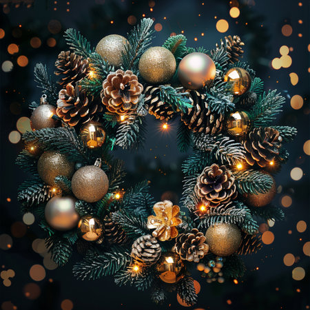 Christmas wreath with fir branches and golden balls on black background.の素材