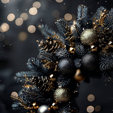 Christmas and New Year holidays background. Christmas tree branch with christmas balls on bokeh backgroundの素材