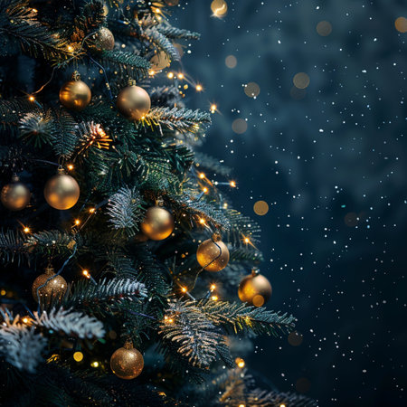 Christmas tree decorated with golden baubles and lights on dark backgroundの素材