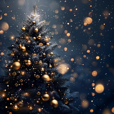 Christmas tree with golden balls on dark blue background with bokeh.の素材