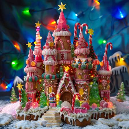 Christmas gingerbread houses with colorful decorations on snow and fairy lights backgroundの素材