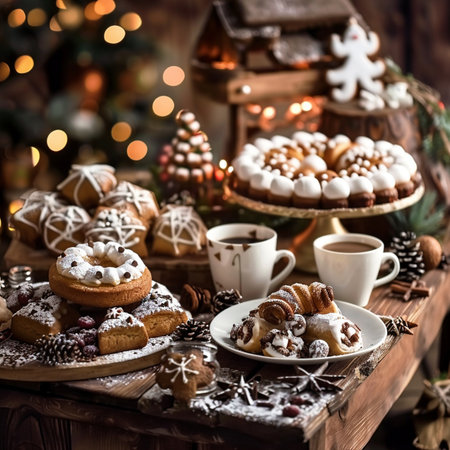 Christmas cookies and cup of coffee with marshmallows on wooden backgroundの素材