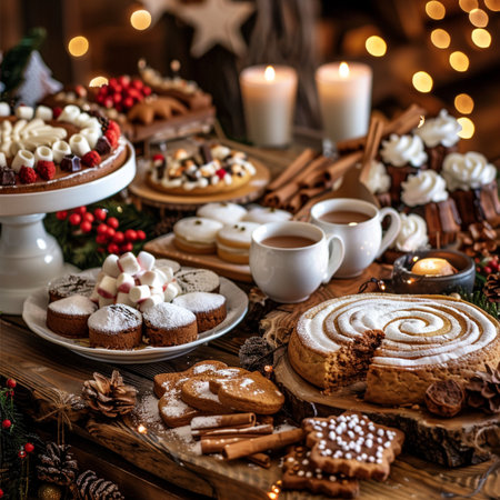 Cup of hot tea with marshmallows, gingerbread cookies and christmas decoration on wooden tableの素材