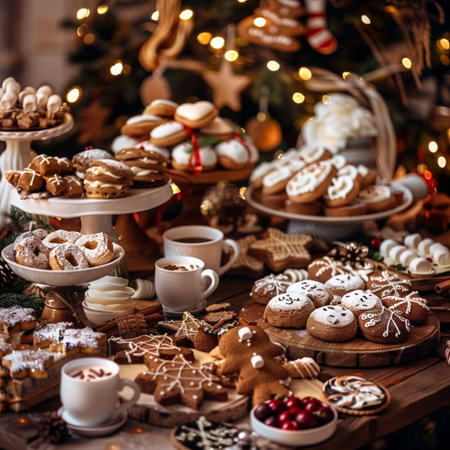 Christmas cookies and sweets on a wooden table. Christmas tree in the background.の素材