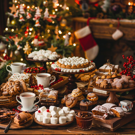 Christmas cookies and sweets on a wooden table with Christmas tree in the backgroundの素材