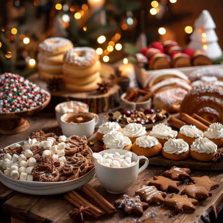 Christmas cookies and gingerbread with marshmallows on a wooden tableの素材