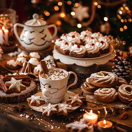 Christmas cookies and hot chocolate with marshmallows on a wooden tableの素材