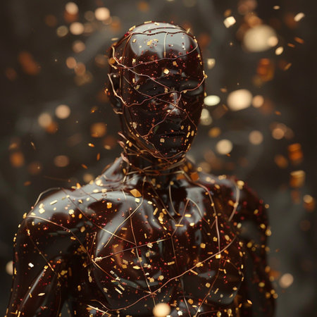 Futuristic mannequin in a dark room with golden lightsの素材