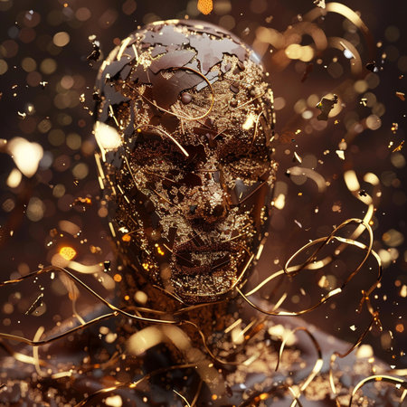 Golden mannequin in a golden mask with gold glitter on a dark backgroundの素材