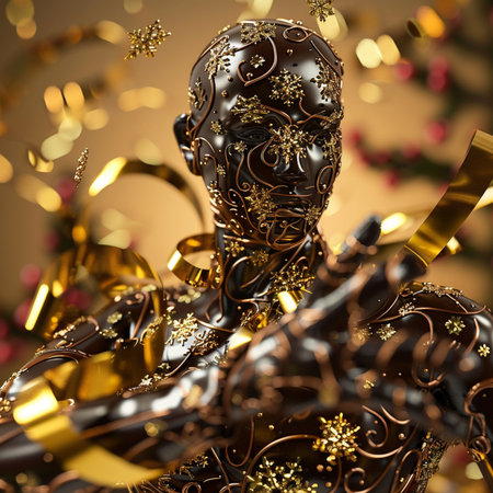 3d rendering of a female figure with Christmas decorations on a golden backgroundの素材