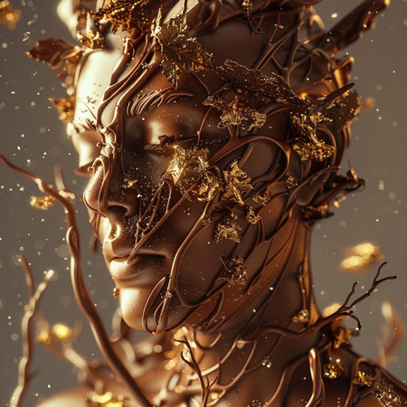 3d rendering of a female face covered with chocolate and golden leavesの素材