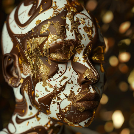 Close up view of a beautiful woman's face covered in chocolate.の素材