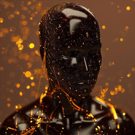 3d rendering of mannequin with golden lights on background.の素材
