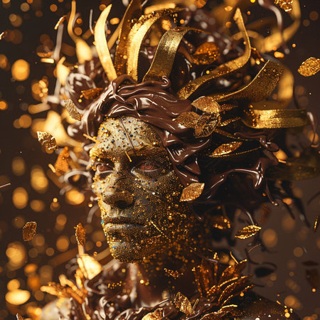 Golden woman in carnival mask and golden confetti on dark backgroundの素材