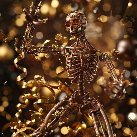 Skeleton with golden confetti. Halloween background. 3d renderingの素材