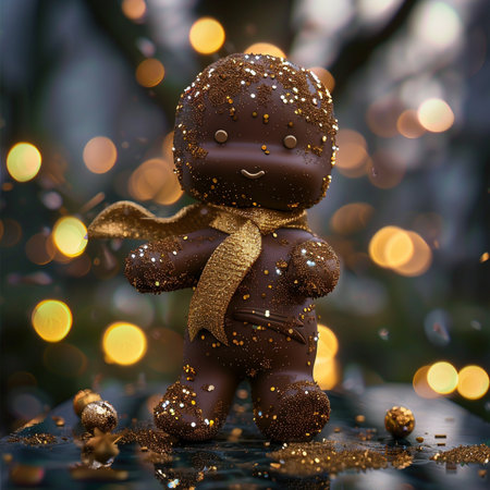 Christmas gingerbread man with golden ribbon on bokeh background.の素材