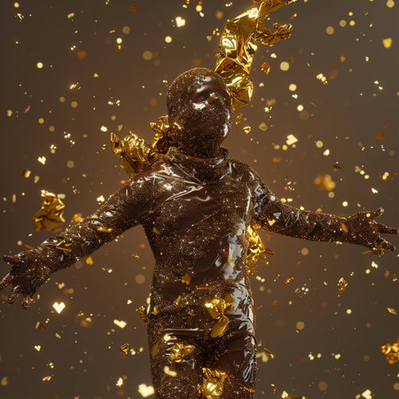 Golden man in a golden suit. 3d rendering, 3d illustration.の素材