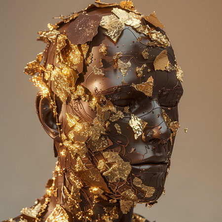 Head of a mannequin with gold and silver jewelry on a gray backgroundの素材