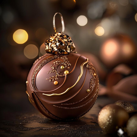 Chocolate christmas ball on dark background with bokeh lightsの素材