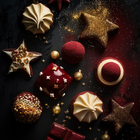 Christmas and New Year holiday background with gingerbread cookies and decorations on black backgroundの素材