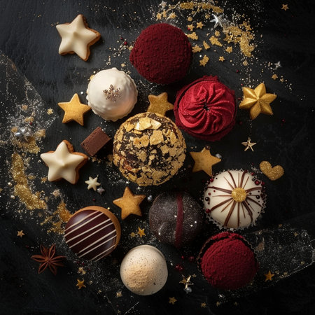 Assortment of chocolates on a dark background, top viewの素材