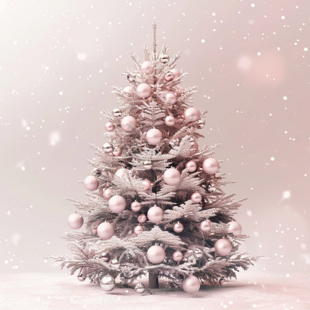 Christmas tree with pink baubles and snowflakes on pastel backgroundの素材
