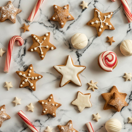 Christmas cookies and candies on white marble background. Top view.の素材