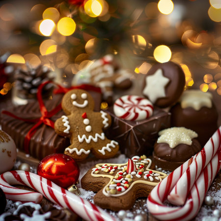 Christmas gingerbread cookies and candy canes on bokeh backgroundの素材