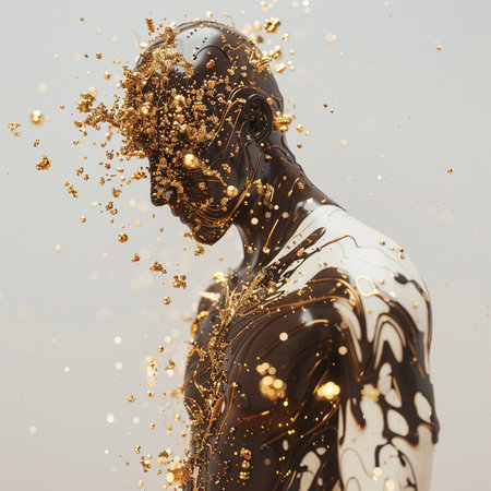 Artistic portrait of a beautiful female robot with gold skin. 3d renderingの素材