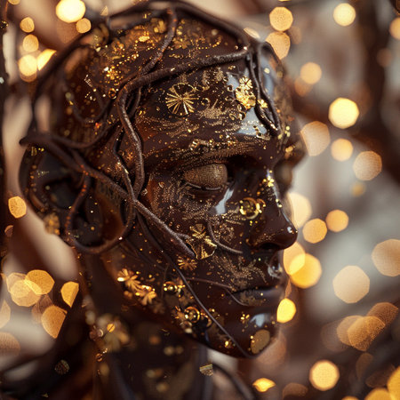 Close up view of a mannequin with golden christmas ornaments.の素材