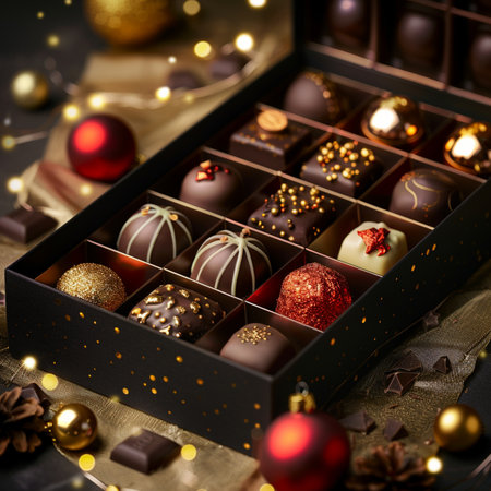 Box of assorted chocolates on a dark background with Christmas decorations.の素材