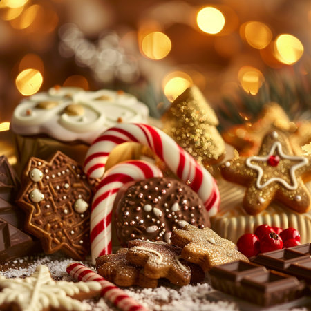 Christmas cookies and gingerbread cookies on a wooden table with bokeh backgroundの素材