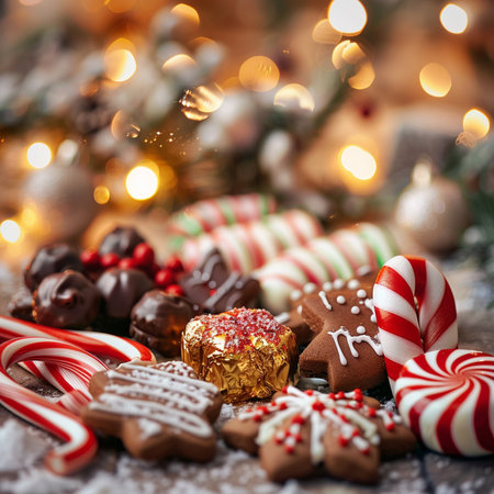 Christmas gingerbread cookies and candies on wooden background with bokeh lightsの素材